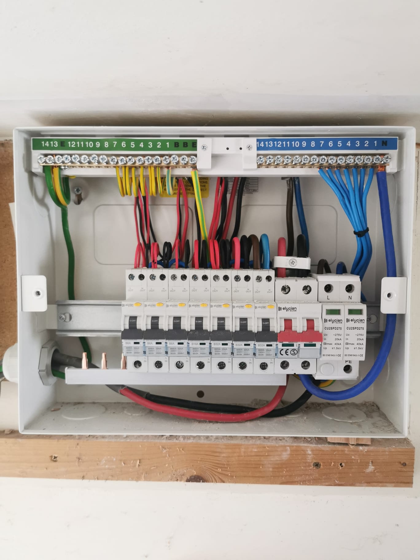 A newly fitted consumer unit, open, with neatly dressed wiring