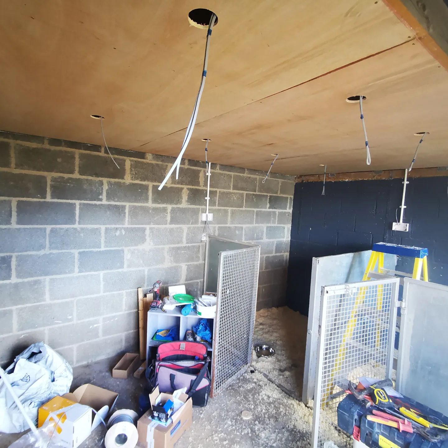 Inside the outbuilding during first fix